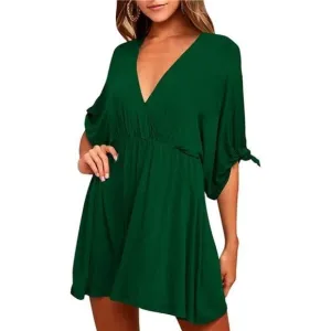 Women Backless Floral Flowy Swing Mini Dress, dark Green