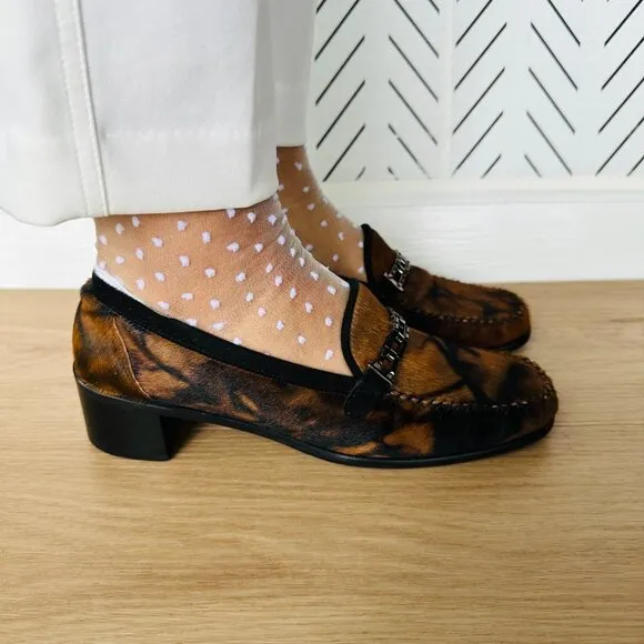 ⭐Women Loafer Sz 7.5 AA STUART WEITZMAN Brown Black PONY HAIR Suede Heeled Shoes