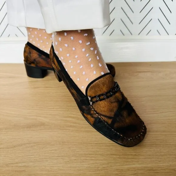 ⭐Women Loafer Sz 7.5 AA STUART WEITZMAN Brown Black PONY HAIR Suede Heeled Shoes