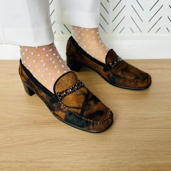 ⭐Women Loafer Sz 7.5 AA STUART WEITZMAN Brown Black PONY HAIR Suede Heeled Shoes