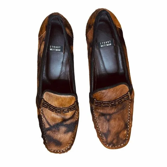⭐Women Loafer Sz 7.5 AA STUART WEITZMAN Brown Black PONY HAIR Suede Heeled Shoes