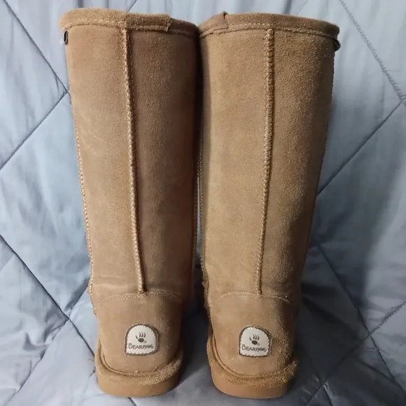 Women's BearPaw Brown Suede Eva Tall Sheepskin Wool Blend Winter Boots Size 10
