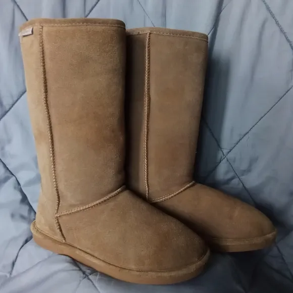 Women's BearPaw Brown Suede Eva Tall Sheepskin Wool Blend Winter Boots Size 10