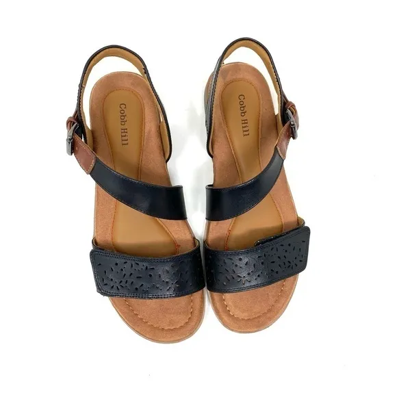 Women’s Cobb Hill Zion 2 Piece Leather Sandals Black WIDE