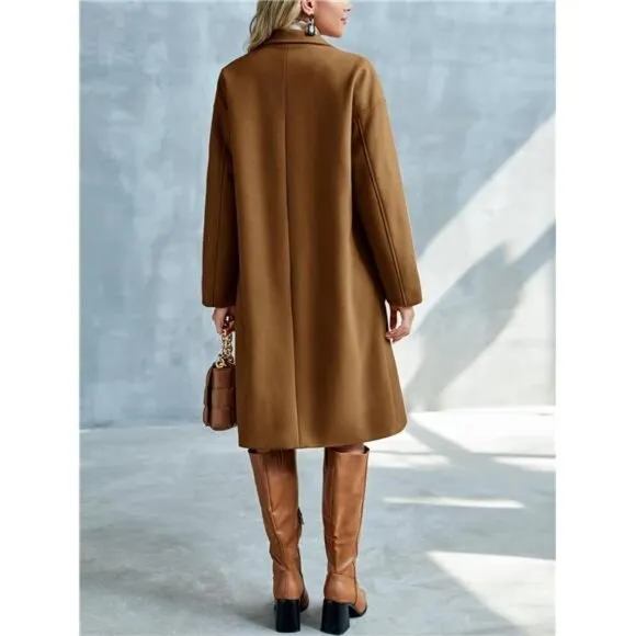 Womens Lapel Peacoat Winter Double-Breasted Outerwear Mid Long Jacket