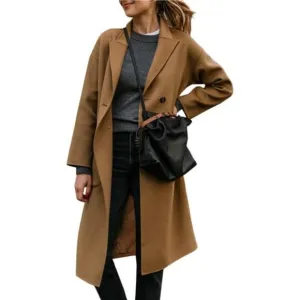 Womens Lapel Peacoat Winter Double-Breasted Outerwear Mid Long Jacket