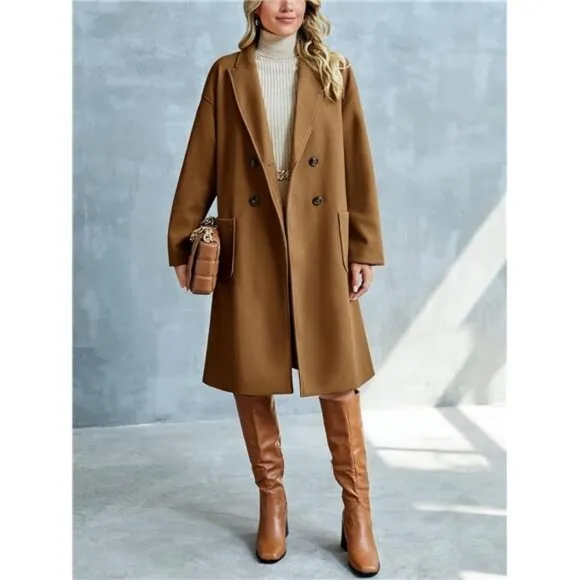 Womens Lapel Peacoat Winter Double-Breasted Outerwear Mid Long Jacket