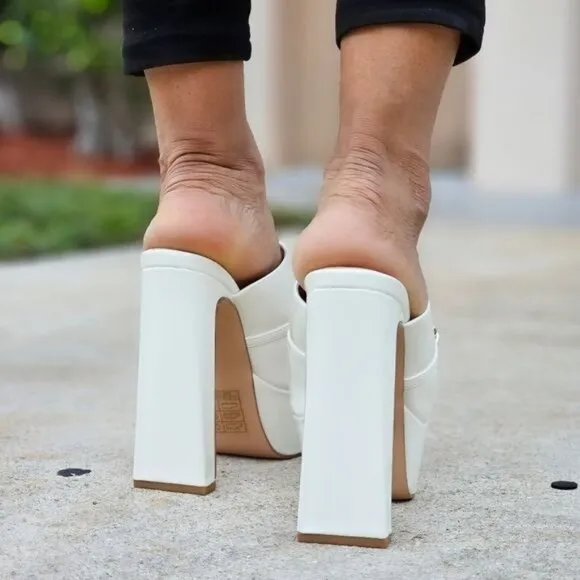 Women's Platform‎ Heeled Mule Open Loafers White Color Patent