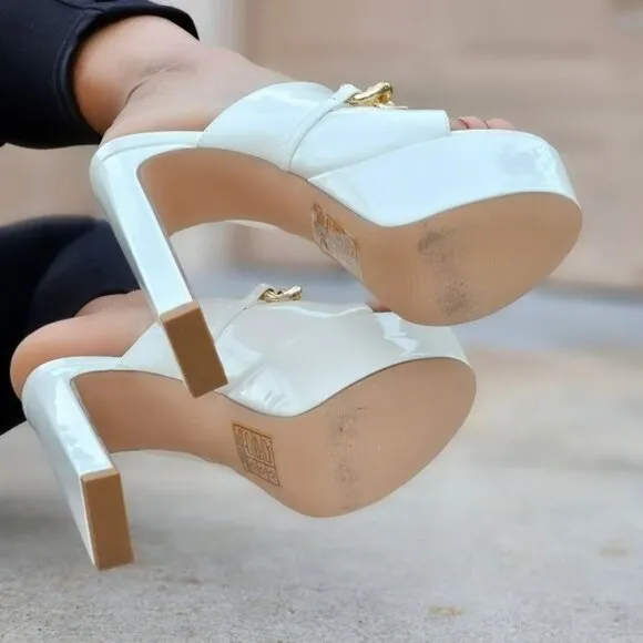 Women's Platform‎ Heeled Mule Open Loafers White Color Patent