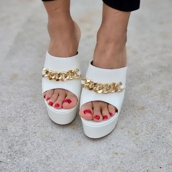 Women's Platform‎ Heeled Mule Open Loafers White Color Patent