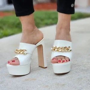 Women's Platform‎ Heeled Mule Open Loafers White Color Patent