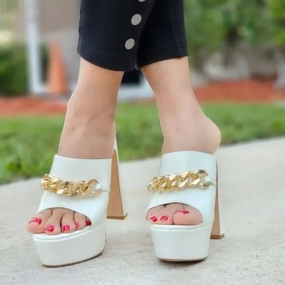 Women's Platform‎ Heeled Mule Open Loafers White Color Patent