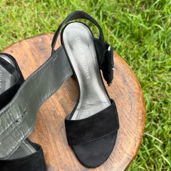 Women’s Stuart Weitzman Black Block Heel Buckle Style Suede Sandal SIZE 7