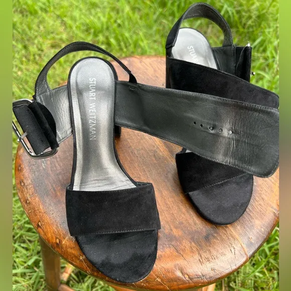 Women’s Stuart Weitzman Black Block Heel Buckle Style Suede Sandal SIZE 7