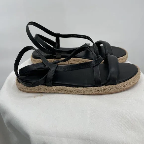Women's Vince Leather Wrap Flat Espedrille Smith Sandal Black Shoes 8.5