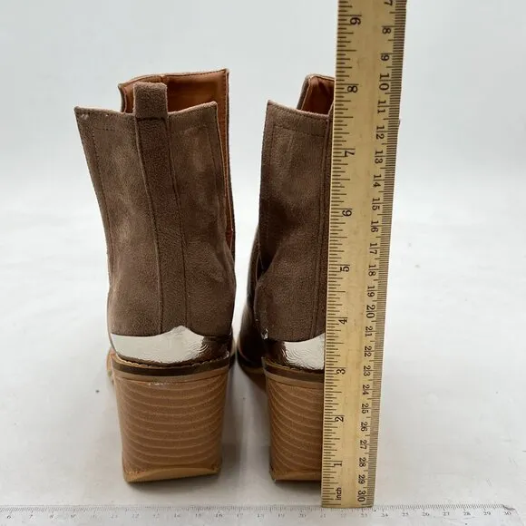 YDN Brown Low Heeled Ankle Boots Faux Suede Cowboy Booties Cutout with Metal Toe
