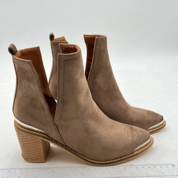 YDN Brown Low Heeled Ankle Boots Faux Suede Cowboy Booties Cutout with Metal Toe