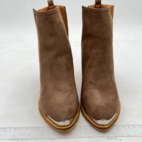 YDN Brown Low Heeled Ankle Boots Faux Suede Cowboy Booties Cutout with Metal Toe