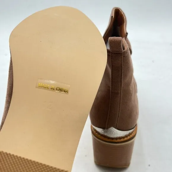 YDN Brown Mid Heeled Ankle Boots Faux Suede Cowboy Booties Cutout with Metal Toe