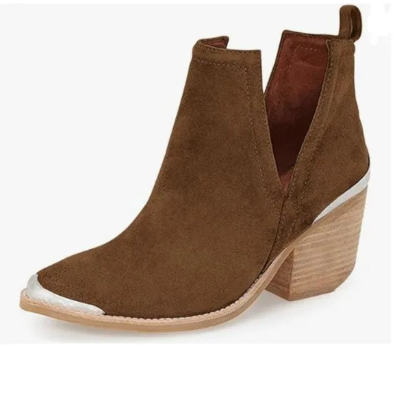 YDN Brown Mid Heeled Ankle Boots Faux Suede Cowboy Booties Cutout with Metal Toe