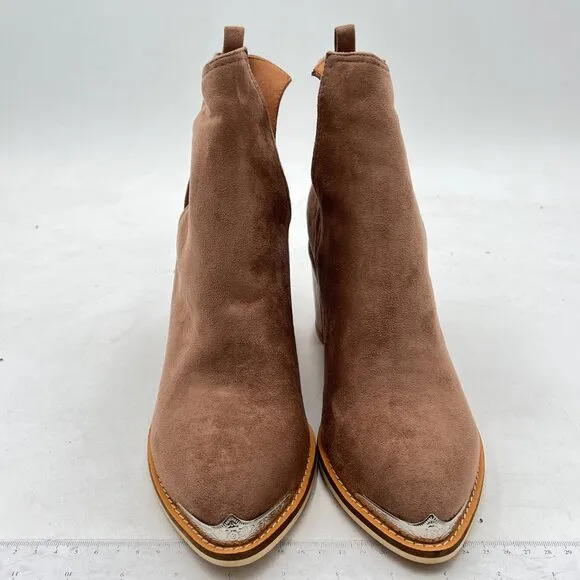 YDN Brown Mid Heeled Ankle Boots Faux Suede Cowboy Booties Cutout with Metal Toe
