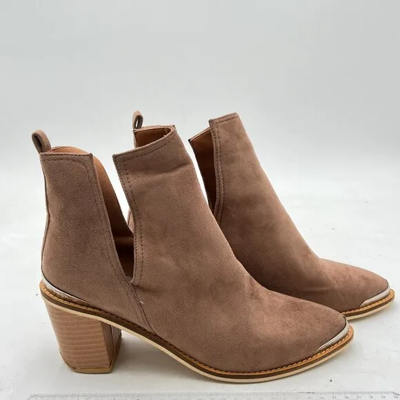 YDN Brown Mid Heeled Ankle Boots Faux Suede Cowboy Booties Cutout with Metal Toe