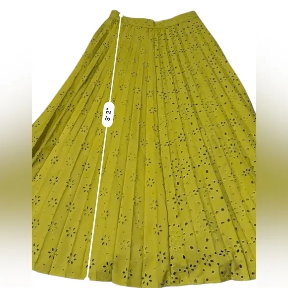 Zara Neon Mustard Green Floral Eyelet‎ Embroidered Pleated Midi Skirt Sz S