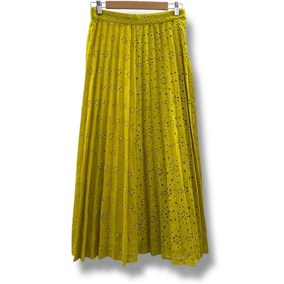 Zara Neon Mustard Green Floral Eyelet‎ Embroidered Pleated Midi Skirt Sz S
