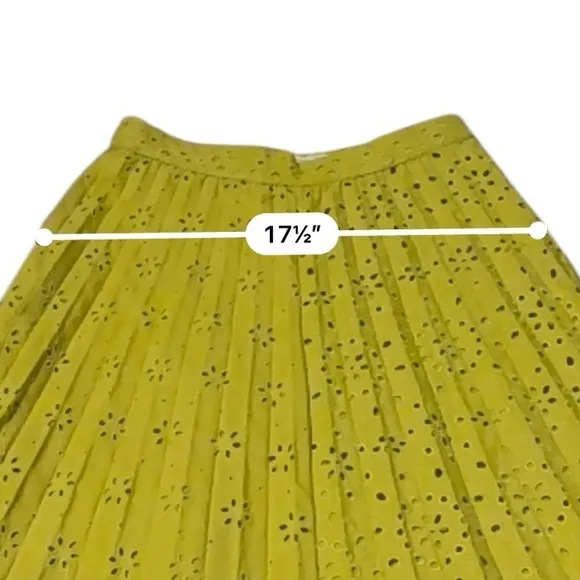 Zara Neon Mustard Green Floral Eyelet‎ Embroidered Pleated Midi Skirt Sz S