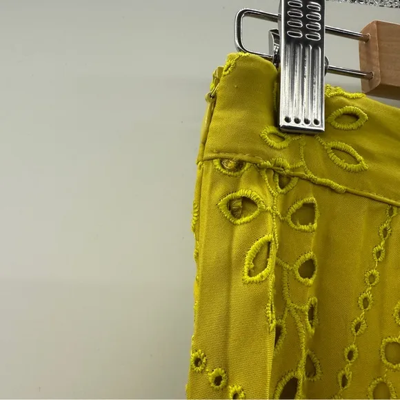 Zara Neon Mustard Green Floral Eyelet‎ Embroidered Pleated Midi Skirt Sz S