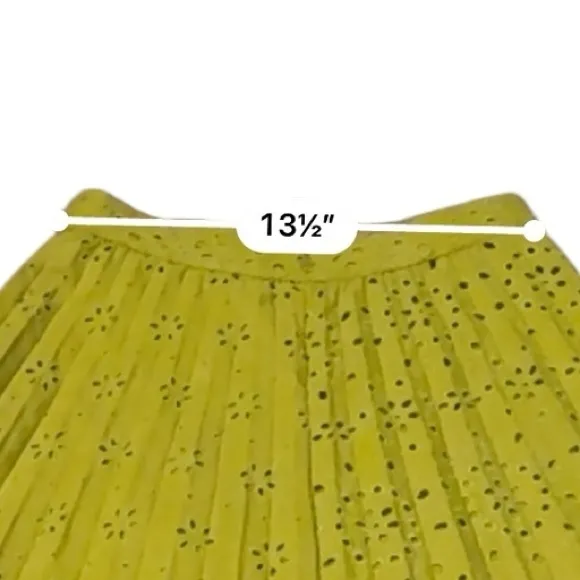 Zara Neon Mustard Green Floral Eyelet‎ Embroidered Pleated Midi Skirt Sz S