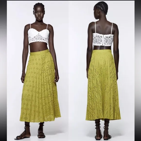 Zara Neon Mustard Green Floral Eyelet‎ Embroidered Pleated Midi Skirt Sz S