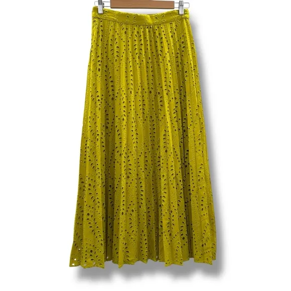 Zara Neon Mustard Green Floral Eyelet‎ Embroidered Pleated Midi Skirt Sz S