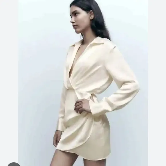 ZARA Satin Effect Wrap Mini Dress White Size XS