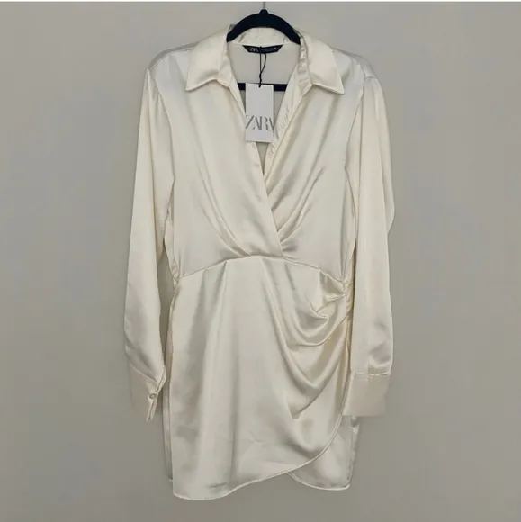 ZARA Satin Effect Wrap Mini Dress White Size XS