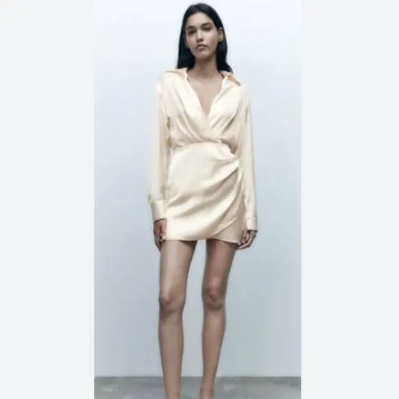 ZARA Satin Effect Wrap Mini Dress White Size XS