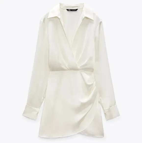ZARA Satin Effect Wrap Mini Dress White Size XS